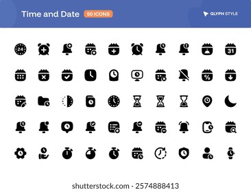 A 50 collection of Time and Date icons set in glyph style. The set of essential and commonly-used icons for Time Sign and User Interface Designer.