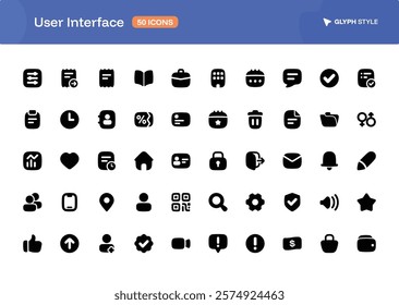 A 50 collection of User Interface icons set in glyph style. The set of essential and commonly-used icon pack for Web, Mobile and App User Interface.