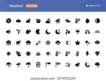 A 50 collection of Weather icons set in glyph style. The set of essential and commonly-used icon pack for Weather Sign and User Interface.