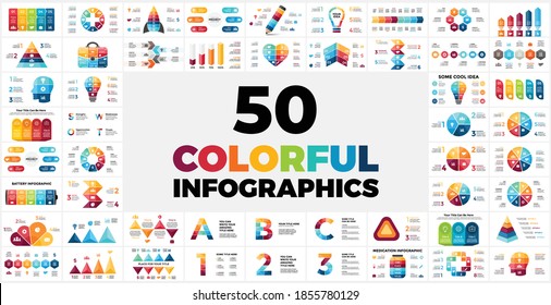 50 Colorful Infographic templates for your presentation. Includes tons of multipurpose color info graphic elements. Perfect for any industry from marketing or startup business to medicine and