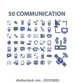 50 communication, connection, internet concept - flat isolated icons, signs, illustrations set, vector