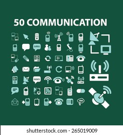 50 communication, connection, technology icons, signs, illustrations set, vector