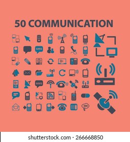 50 communication, connection, technology isolated icons, signs, illustrations concept website internet design set, vector