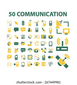 50 comunicación, conexión, tecnología aislados iconos web, signos, ilustraciones conjunto de diseño de concepto, vector