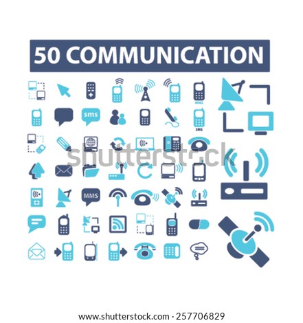 50 communication, connection, technology isolated icons, signs, illustrations concept design set on background for mobile application, website, adverisement, vector