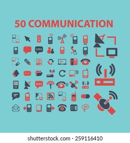 50 Kommunikation, Verbindung, Technologie, Smartphone, Telefonikonen, Zeichen, Illustrationen Concept Set, Vektorgrafik