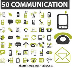 50 communication icons, signs, vector set, illustrations