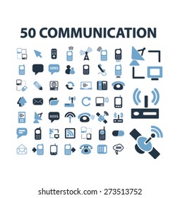 50 Kommunikations-, Technologie-, Verbindungs-, Netzwerk-isolierte Symbole, Zeichen, Illustrationen Website, Internet Mobile Design Concept Set, Vektorgrafik