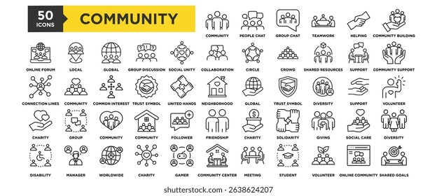 50 Community icon set. Containing design People Chat , Community Group, Group Chat, Teamwork, Community Building