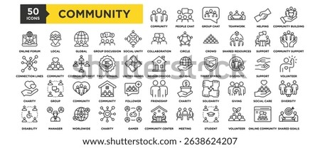 50 Community icon set. Containing design People Chat , Community Group, Group Chat, Teamwork, Community Building