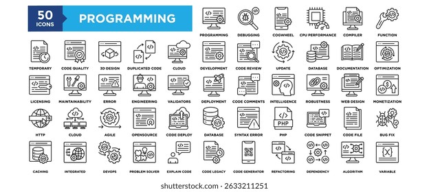 50 Computer Programming icon set. Containing design technology, software, programming, data, internet	