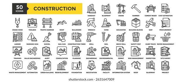 50 Construction icon set. Containing design industry, construction, site, business, safety, architecture