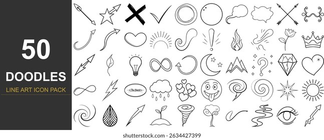 50 Creative Doodle Line Art Icon Collection – Elements Including Decorative Arrows, Speech Bubbles, Light Bulbs, Hearts, Stars, and Highlight Marks for Modern Graphic Design and DIY Projects