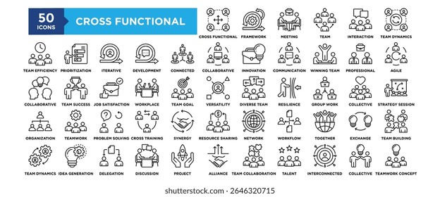 50 Conjunto de ícones multifuncionais. Contendo design Multifuncional, Estrutura Scrum, Reunião de Negócios, Equipe Multifuncional, Interação em Grupo, Dinâmica de Equipe
