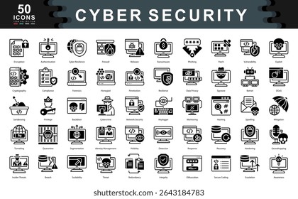 50 cybersecurity black icons illustrating encryption, threat detection, data privacy, and system defense. Ideal for IT, digital protection, and secure tech environments.