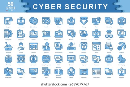 50 cybersecurity icons illustrating encryption, threat detection, data privacy, and system defense. Ideal for IT, digital protection, and secure tech environments.
