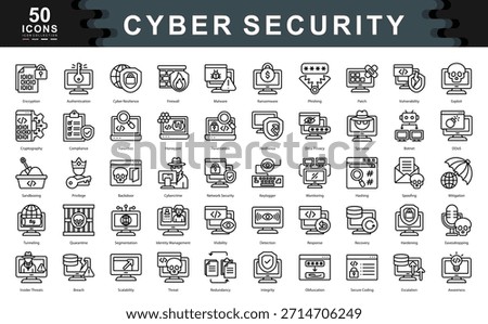 50 cybersecurity icons illustrating encryption, threat detection, data privacy, and system defense. Ideal for IT, digital protection, and secure tech environments.