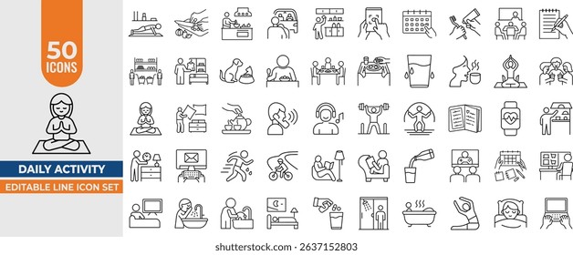 50 Daily Activity Line Icons set. Clean Line Style for Routine and Activities Outline Style. Editable Stroke. vector illustration
