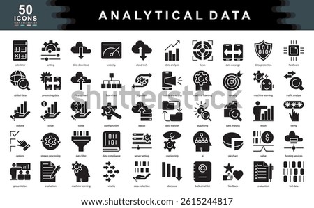50 data analytics black icons showcasing processing, AI, metrics, cloud tech, and insights. Ideal for big data, digital marketing, machine learning, and information systems projects.