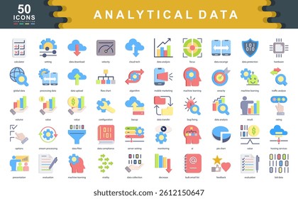 50 data analytics flat icons showcasing processing, AI, metrics, cloud tech, and insights. Ideal for big data, digital marketing, machine learning, and information systems projects.