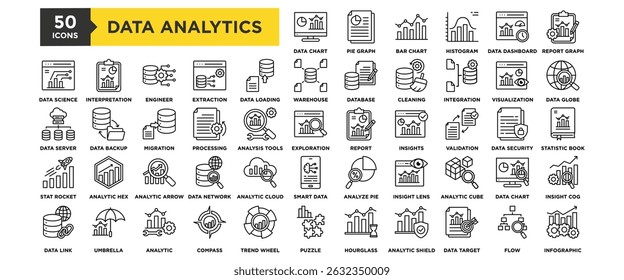 50 Data Analytics icon set. Containing design business, analytics, computer, technology, data