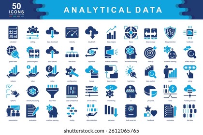 50 data analytics icons showcasing processing, AI, metrics, cloud tech, and insights. Ideal for big data, digital marketing, machine learning, and information systems projects.