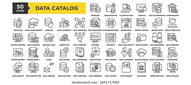 50 Data Catalog icon set. Containing design data inside, reference, system, data center, data category, cloud storage, catalogue
