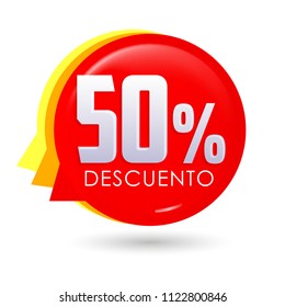 50% Descuento, 50% discount spanish text, bubble sale tag vector Illustration, Offer price label.