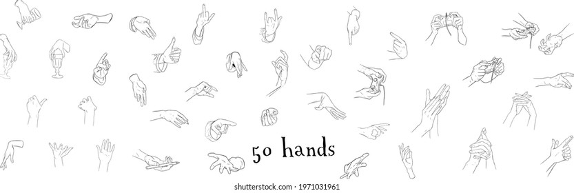 50 different hands on a white background. Gestures, waving hands, shaking hands, fingers, signs.