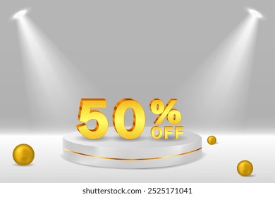 50% discount. Discount. 3D sale symbol with decorative objects, golden balls, podium. 50 percent. Sale banner and poster. Vector illustration..