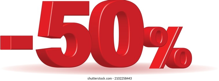 50% discount 3d text, red color. Vector illustration.