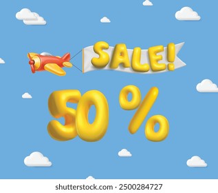 Bis zu 50% Rabatt 3D-Vektor. Cartoon Flugzeug mit Banner großen Rabatt. Super Sale 50% Rabatt Best Offer Shop Plakat-Promotion, Werbung.