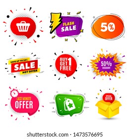 50% Discount. Banner badge, flash sale bubble. Sale offer price sign. Special offer symbol. Last minute offer. Sticker badge, comic bubble. Discounts box. Vector