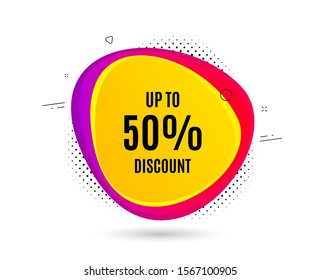 Up to 50% Discount. Banner text shape. Sale offer price sign. Special offer symbol. Save 50 percentages. Geometric vector banner. Discount tag text. Gradient shape badge. Halftone pattern. Vector