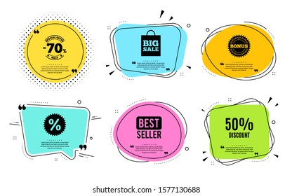 50% Discount. Best seller, quote text. Sale offer price sign. Special offer symbol. Quotation bubble. Banner badge, texting quote boxes. Discount text. Coupon offer. Vector
