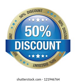 50 discount blue gold button isolated background