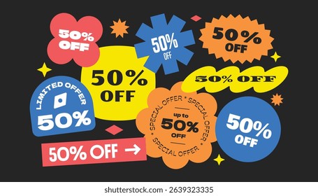 50% discount colorful sale stickers, patch, badge collection. Trendy online promotion tag elements.