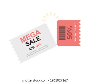 50% discount gift voucher. Discount coupon. Discounted ticket for shopping.