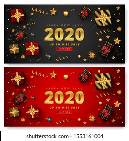 50% discount offer for 2020 happy new year sale lettering, Gift boxes, christmas balls, stars and golden confetti around on 2 different color background. 