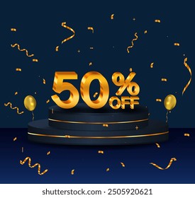 50% discount. Discount on creative composition. 3D sale symbol with decorative objects, golden confetti, podium. 50 percent. Sale banner and poster. Vector illustration.