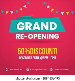 50% discount on grand reopening in red color poster for social media marketing. Join us on Grand reopening poster with 50% discount in red color for facebook, twitter and instagram