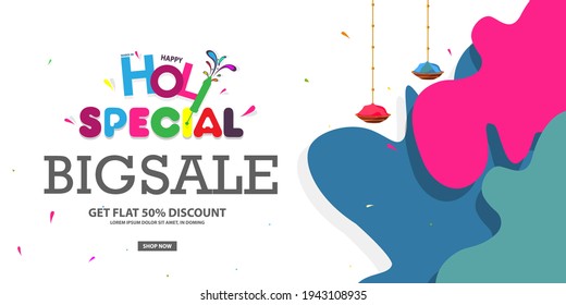 50% discount on Holi Background Festival Sale, Big Sale Header, or Banner Design with Creative Colorful Text.