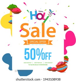 50% discount on Holi Background Festival Sale, Big Sale Header, or Banner Design with Creative Colorful Text.