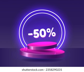 50% discount pink 3d podium floating in the air with neon rings on background. Stage podium with lighting.