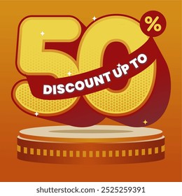 50% discount promotion banner with a red ribbon and podium design, set against a vibrant orange background to attract attention.