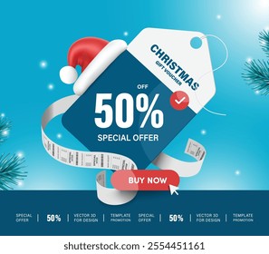 50% discount promotion tag label, winter and Christmas festival or gift voucher, buy now button, receipt paper all placed on Background with falling snow and pine trees next to it, vector 3d