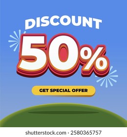 50% Discount Promotional Banner with 3D Text, Fireworks, Blue Gradient Background, and a Special Offer Button on a Green Hill with Eye catching Sale Advertisement Design