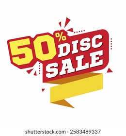 50% Discount Sale Banner with Bold 3D Text, Red and Yellow Color Scheme, and Modern Promotional Design for Special Offers and Discounts