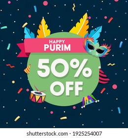 50% discount sale banner at Festival of Happy Purim with festival elements