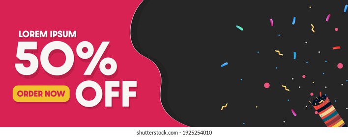 50% discount sale banner with party elements, party popper confetti.